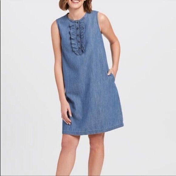 Draper James Women's Sleeveless Belted Demi Ruffled Chambray Dress Size Small - Picture 3 of 10
